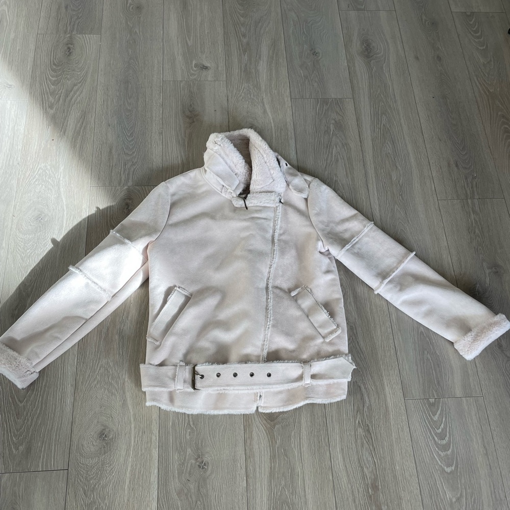 Soft pink shearling & suede moto coat.